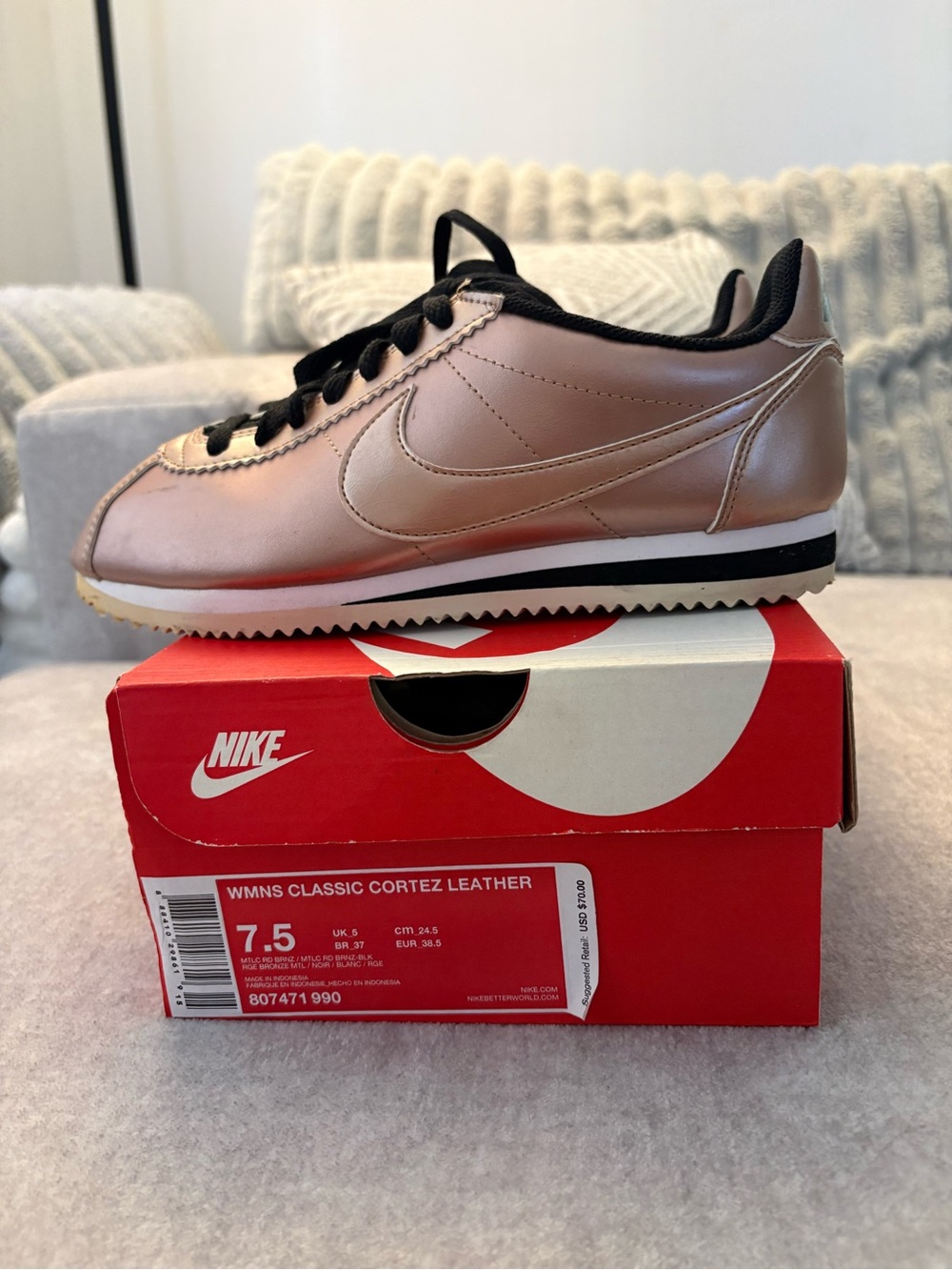 Nike Cortez Leather Sneakers in Metallic Rose with Black Trim